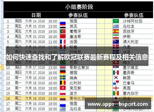 如何快速查找和了解欧冠联赛最新赛程及相关信息 如何快速查找和了解欧冠联赛最新赛程及相关信息