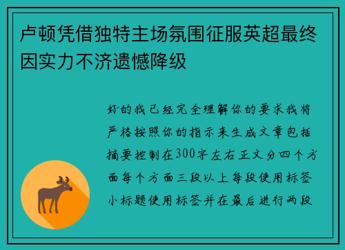 卢顿凭借独特主场氛围征服英超最终因实力不济遗憾降级
